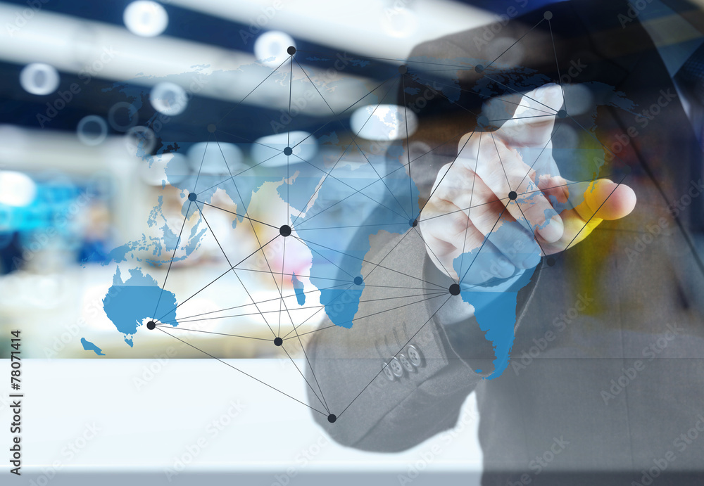 Poster double exposure of businessman working with new modern computer