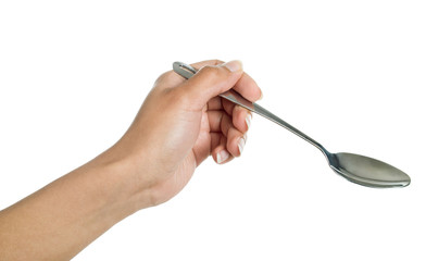 spoon in his hand on a white background