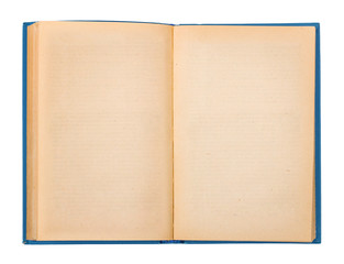 Vintage open book with a blue cover on a white background