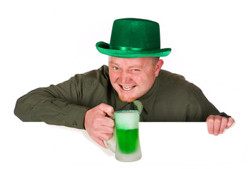 Leprechaun: Holding Green Beer Over White Card