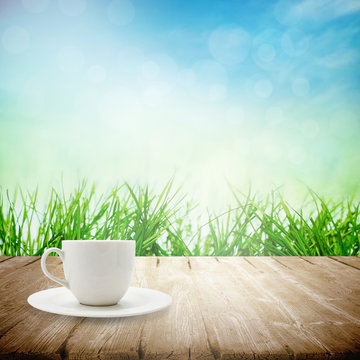 Coffee cup on picnic table