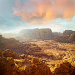 Red rock formations in Petra, Jordan.