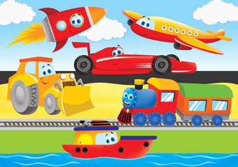 Plane, bulldozer, train, rocket, ship, racer for kids