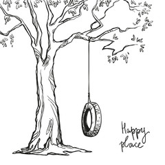tree with a tyre swing. Vector illustration.