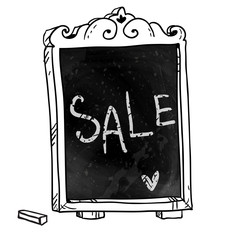 Chalkboard. Hand drawn. Sale announcement. Vector signboard.