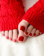 Female feet with a pedicure in red socks