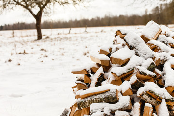 Stacked chopped firewood covered by snow