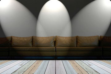 seat on white wall with lights  in dingy room