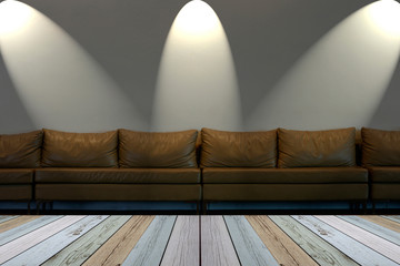seat on white wall with lights  in dingy room