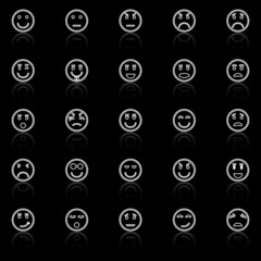 Circle face line icons with reflect on black background