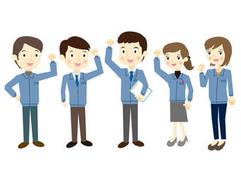 作業着を着た人たち　ガッツポーズ