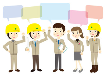 作業着を着た人たち　ガッツポーズ