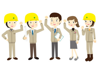 作業着を着た人たち　ガッツポーズ