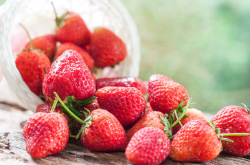 Red strawberry in basket with nature background