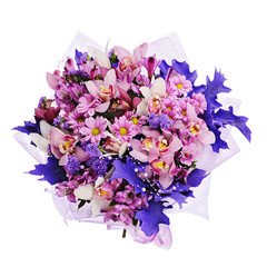 Bouquet of gerbera, carnations and other flowers in blue package