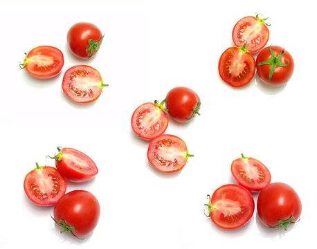 tomato and slices of tomato on white background