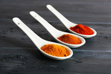 Different kinds of spices in spoons on wooden background