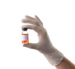 Naklejka premium Doctor hand holding glass bottle of medicine isolated on white