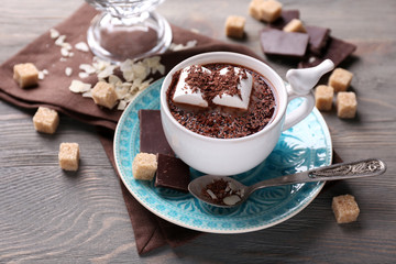 Hot chocolate with marshmallows in mug,