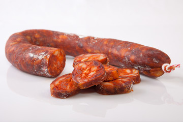 Red iberian chorizo with some cut pieces