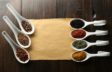Different kinds of spices in ceramics spoons