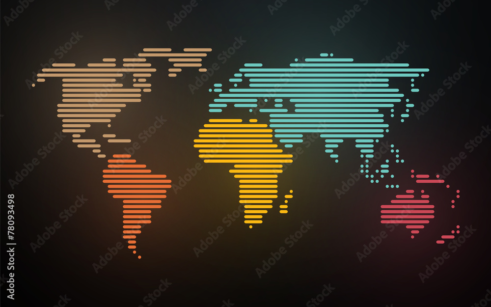 Wall mural simple map of the world created lines on blurred neon background
