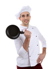 Chef with pan in hand isolated on white