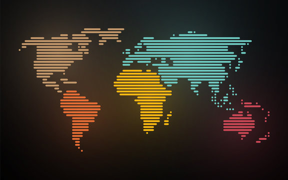 simple map of the world created lines on blurred neon background