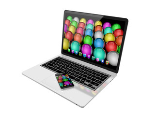 mobile phone on laptop with colorful screen on white background,
