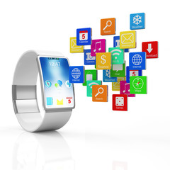 Modern White Smart Watch with Cloud of Application Icons