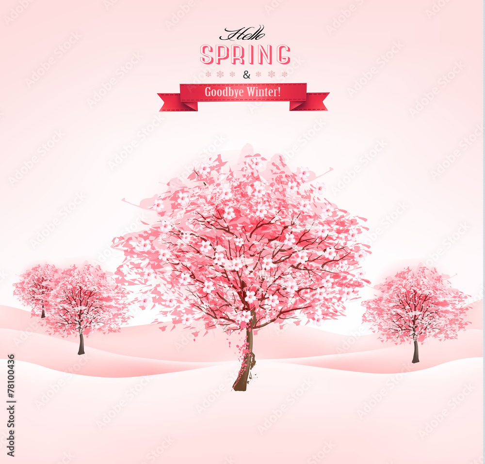 Poster Spring background with blossoming sakura trees. Vector.