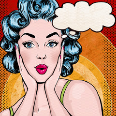 Pop Art illustration of woman with the speech bubble.P © lucky1984