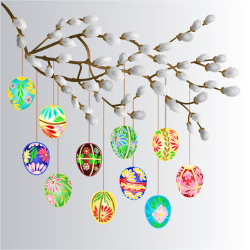 Pussy willow branch and easter eggs vector