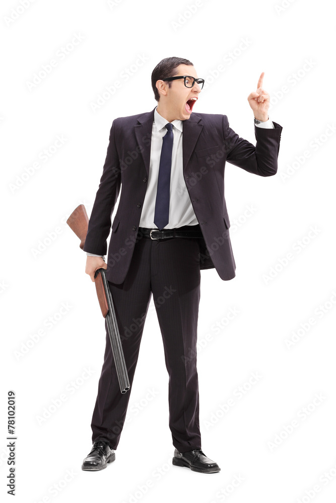 Sticker businessman holding a rifle and gesturing with finger