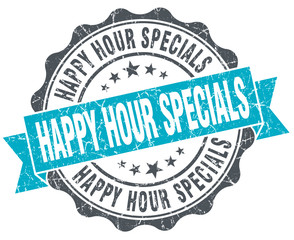happy hour specials vintage turquoise seal isolated on white