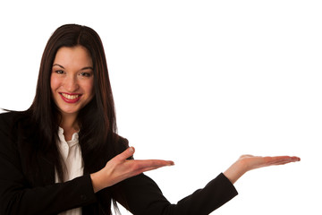 Beautiful asian business woman pointing into copy space - sales