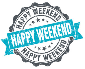 happy weekend vintage turquoise seal isolated on white