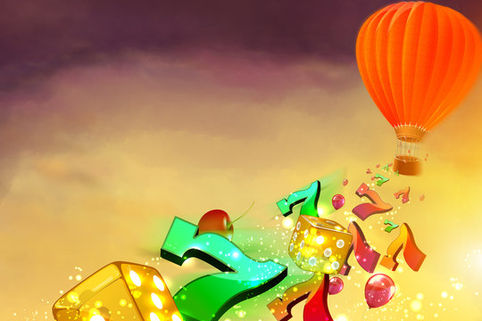 Hot air balloon with dice, luky sevens and baloons flying from