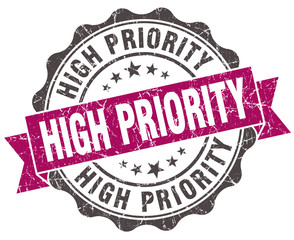 high priority grunge violet seal isolated on white