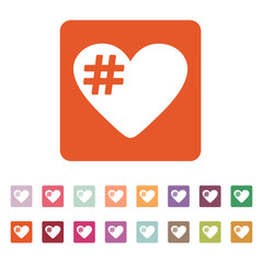 The hash love icon. Hashtag heart symbol. Flat