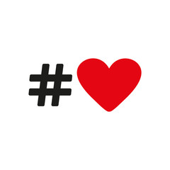 The hash love icon. Hashtag heart symbol. Flat
