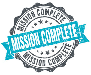 mission complete vintage turquoise seal isolated on white