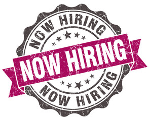 Fototapeta premium now hiring grunge violet seal isolated on white