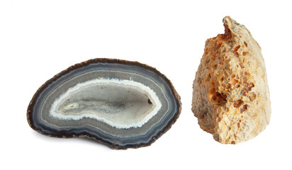 Section and external view of a white and blue geode
