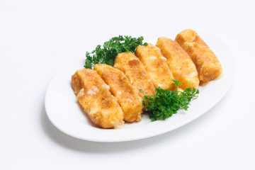Cheese pieces fried in breadcrumbs
