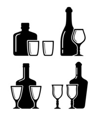 set alcohol beverage icons with bottle and glass