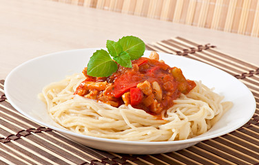 Spaghetti bolognese pasta with tomato sauce and meat