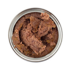 Generic beef dog food in a can on a white background