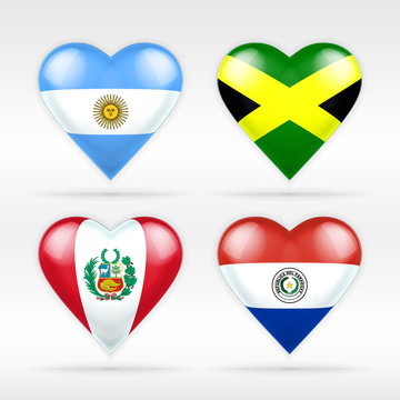 Argentina, Jamaica, Peru and Paraguay heart flag set