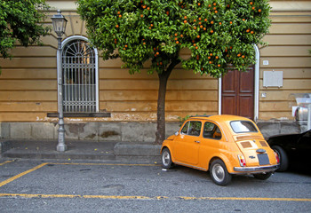 Small Orange Italian car under Orange treewall,road,classic, - obrazy, fototapety, plakaty